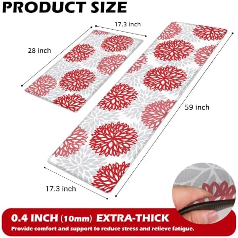 Kitchen Mats Set of 2 Cushioned Anti Fatigue Kitchen Rugs Non Slip Waterproof Runner Memory Foam Kitchen Floor Mat Comfort Standing Mat for Sink, Office, Laundry, Red