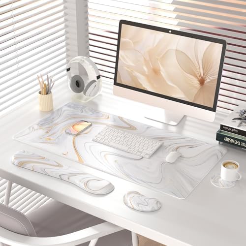 QiyI PU Leather Desk Mat Set, 4-in-1 Ergonomic Wrist Rest, Marble Stripes