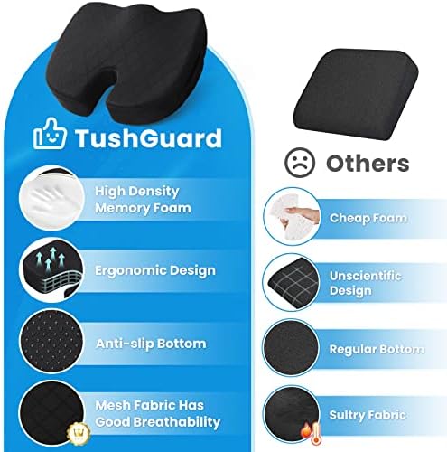 TushGuard Seat Cushion, Office Chair Cushions, Car Seat Cushion, Non-Slip Sciatica & Back Coccyx Tailbone Pain Relief Chair Pad for Computer Desk, Wheelchair, Driving (Black, X-Large) (Pack of 2)