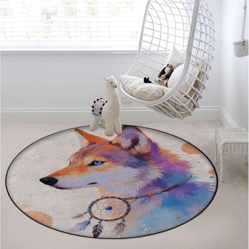 Wolf Watercolor Art Round Office & Gaming Chair Mat, Decorative Animal Illustration Anti-Slip Hardwood & Carpeted Floor Protector,Protect The Floor from Scratches, Multicolor Diameter 43.3 in