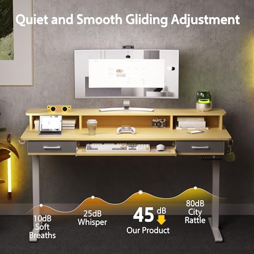 WALKINGDESK 55 Inches Electric Standing Desk with Keyboard Tray, Height Adjustable Sit to Stand Table with 2 Drawers, Ergonomic Home Office Desk with Storage Shelf, Computer Table, Oak