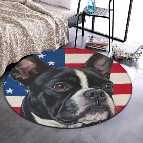 Room Sofa Yoga Soft Round Carpet, Home Decor Non Slip Kitchen Office Circle Rug, Machine Washable Modern Round Area Rug American US Flag Boston Terrier, 24inch