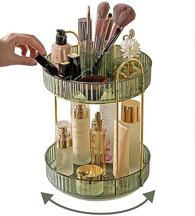 Asayuee 360 Rotating Makeup Organizer,2 Tier Large Capacity Make Up Organizers and Storage,Skincare Perfume Vanity Organizers,Bathroom Cosmetics Storage Organizer Countertop (Green)