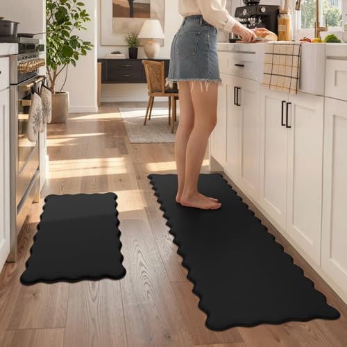 KIMODE Scalloped Kitchen Mats for Floor Cushioned Anti Fatigue,Black Carpet