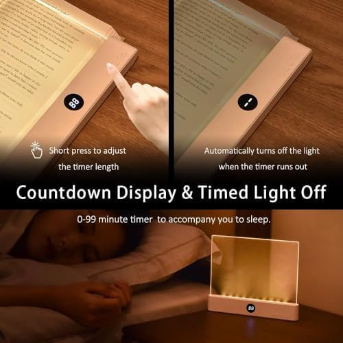 Book Light, 3 Color Adjustable LED Flat Reading Light, Rechargeable Clear Panel Plate Lamp with Timer & Memory Function, Bedside Lamp Book Lovers Gifts for Boys and Girls Women Man (Pink)