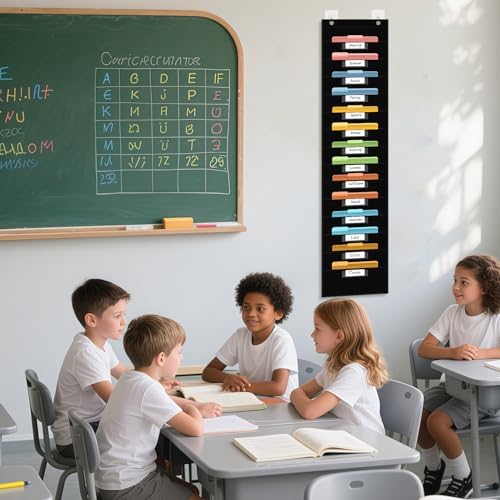 ANCOMEDO 14 Pocket Hanging File Organizer with 14 Nametag Pockets. Black File Storage Pocket Chart for Classroom or Office Use. Perfectly Organizes Assignments, Files, Scrapbooks, and Documents.