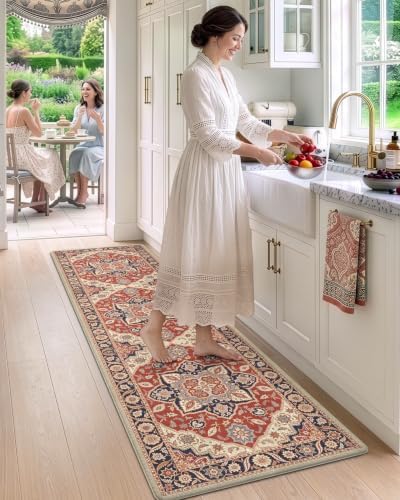 DEXI Kitchen Floor Mats Cushioned Anti Fatigue Runner Rug 24x107 Red/Black