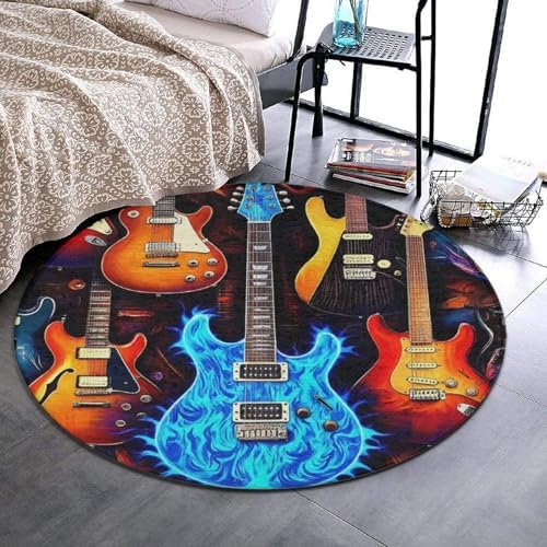 Soft Round Yoga Carpet, Office Chair Decor Round Mat for Carpet and Hardwood Floors Music Guitar