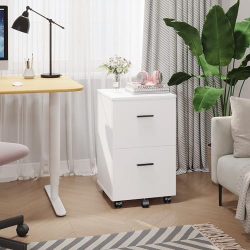 Panana 2 Drawer Mobile File Cabinet, Wood Rolling Filing Cabinet Printer Stand Under Desk Storage Organizer Fits Letter Size File Folders for Home Office (White)