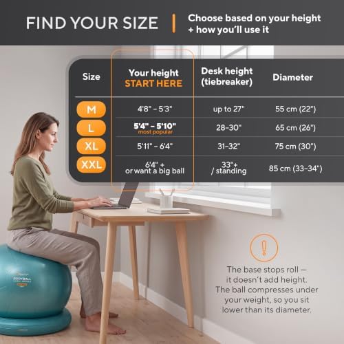Yoga Ball Chair for Office Desk with Base - Ergonomic Balance & Stability Exercise Ball Seat for Adults - Active Sitting for Posture, Core & Back Pain Relief, Home Gym, Therapy, Pump