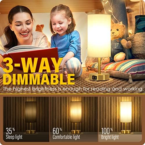 Bedside Lamp with USB port - Touch Control Table Lamp for Bedroom Wood 3 Way Dimmable Nightstand Lamp with Round Pleated Shade for Living Room, Dorm, Home Office (LED Bulb Included) (Pleated)
