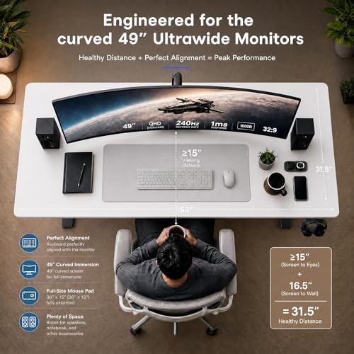 Grandder 55x32 Large Electric Standing Desk, Height Adjustable Computer Desk with 2 Memory Presets, 31.5" Deep Desktop Sit Stand Desk Home Office Desk Workstation Table with Hooks, White