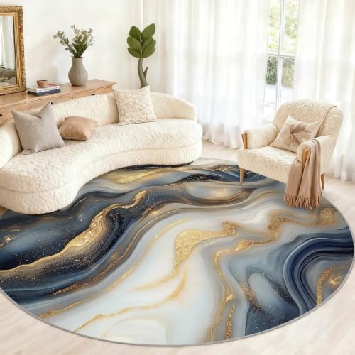 Marble Round Area Rug - 5ft Abstract Marble Round Rug for Living Room, Modern Luxury Circle Rugs Washable Soft Non-Slip Carpet for Bathroom Bedside Sofa Coffee Table Decor Mat