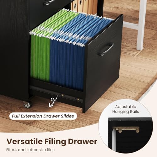 Giantex 3-Drawer Mobile File Cabinet, Rolling Printer Stand with Open Storage Shelves, Under Desk Lateral Filing Cabinet for Letter/A4 Size, Wooden Office Organizer with Wheels for Home Office (Black)