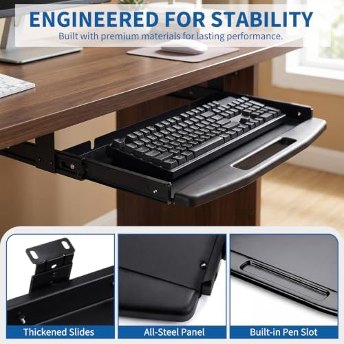 Heavy-Duty Under-Desk Keyboard Tray - 19 in Slide-Out Metal Pull-Out Keyboard Drawer with Smooth Slides, Fits Desks 22 in+ Wide, No Mouse Platform