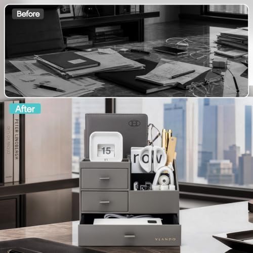 VLANDO Desk Organizer with Drawers, Pen Holder for Desk for Daily Use, Gray