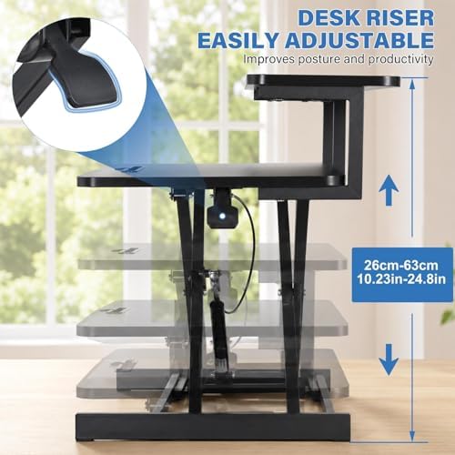 37" Height Adjustable Standing Desk Converter, 4.9" to18.5 Height Adjustable Sit Stand Up Desk Riser with Secondary Desks, Desktop Workstation Riser for Home Office Computer Laptop, Black