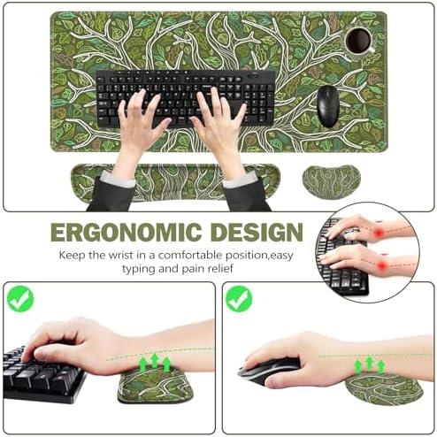 ToLuLu Desk Mat, Gaming Mouse Pad Wrist Support 4 in1 Set, XXL Large Mouse Pad + Keyboard Wrist Rest + Memory Foam Cushion Mouse Wrist Rest for Pain Relieve + Coaster Table Computer PC, Green Leaves
