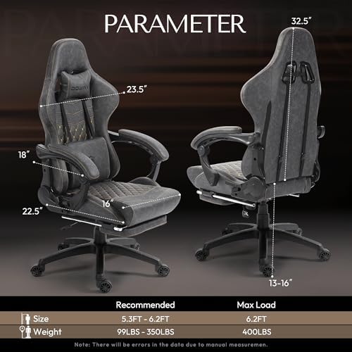 Dowinx Gaming Chair Big and Tall, Ergonomic PC Gaming Chair with Footrest & Massage, Racing Style Reclining Computer Chair for Adults, 400LBS Capacity - Heavy Duty Gamer Chair (Grey)
