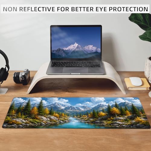 Mountain River Gaming Mouse Pad,Nature Large Desk Mat, 31.5x11.8x0.12in Extended Non-Slip Rubber Landscape Mousepad, Computer Deskmat Gifts, Laptop Mice Pads Decor for Office Home