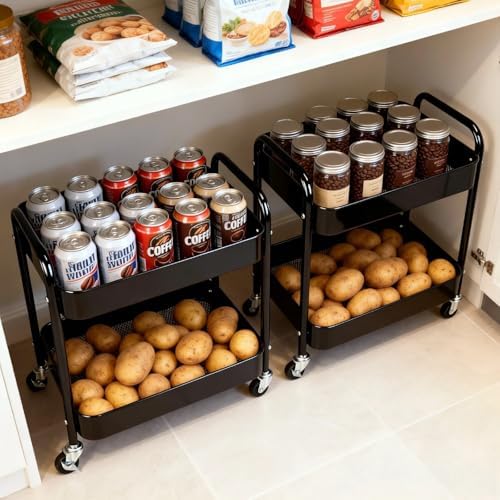 2 Pack Pantry Cart 2 Tier Small Rolling Cart with Wheels for Under Desk Storage, Short Rolling Utility Cart Large Basket Metal Kitchen Shelf with Mesh Laundry Room Organizer Side Table, Black