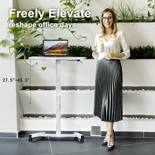 28-Inch Mobile Standing Desk, Computer Workstations with Cup Holder, Portable Standing Desk with Lockable Wheels, Rolling Table for Home Office Classroom Hospital (White)