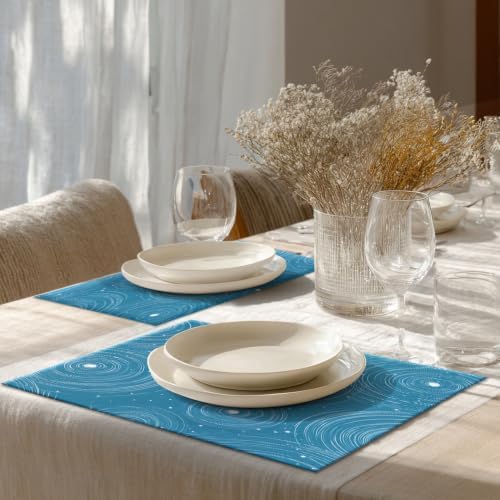 Shrahala Concentric Ripples Placemats, Blue with White Circles Stars Table Mat Linen Burlap Washable Double-Deck Heat Insulation for Dining/Kitchen Table Set of 6 (12 X 18 Inch)