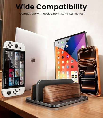 LOXP Vertical Laptop Stand, Dual Slot Wooden + Aluminum Laptop Holder