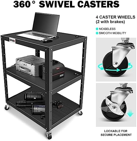 DNA Motoring 3-Layer Utility Steel AV Cart with Wheels Power Strip, 35" x 25" x 24"-42" Height Adjustable Rolling Projector Cart,TOOLS-00137