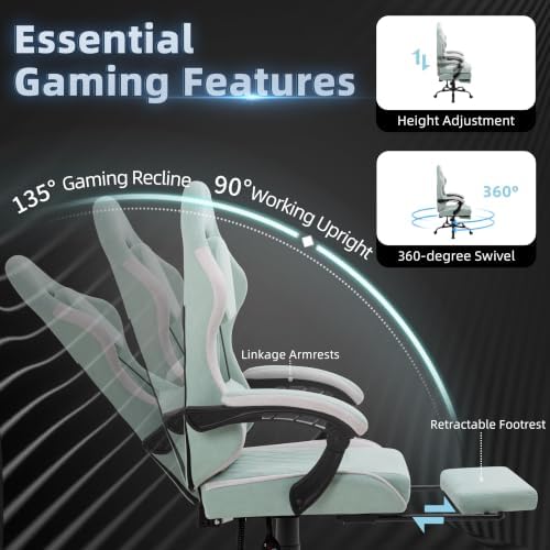 Gaming Chair for Adults, Fabric Gaming Chair with Footrest and Pocket Spring Cushion, Ergonomic Gamer Chair with Lumbar Support, Reclining Computer Gaming Chair with High Back, Light Green