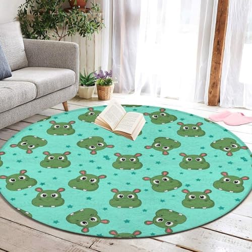 Men's Large Home Decor Mat, Soft Round Yoga Carpet, Non Slip Machine Washable Home Office Circle Rug Cute Cartoon Hippo, 60inch