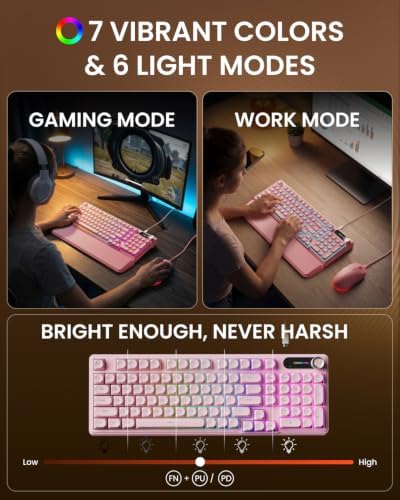 EWEADN Wired Keyboard and Mouse Combo with Detachable Wrist Rest - Pink