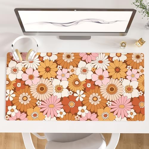 Faux Leather Large Mouse Pad, Office Desk Mat, 31.5"x15.7", Retro Flowers