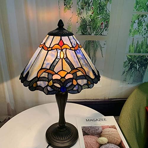 Bieye L10683 Baroque Tiffany Style Stained Glass Table Lamp Night Light with 12 Inch Wide Blue Lampshade for Bedside Bedroom Living Room, 20 inch Tall
