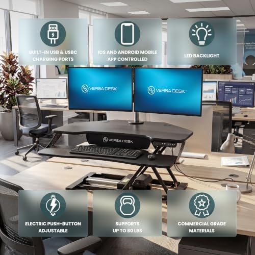 VERSADESK PowerPro Elite Smart Corner Standing Desk Converter, Electric Adjustable Desk Riser w/Keyboard Tray, USB C Ports & App Control, Dual Monitor Stand for Home Office & Gaming, (Black, 36")