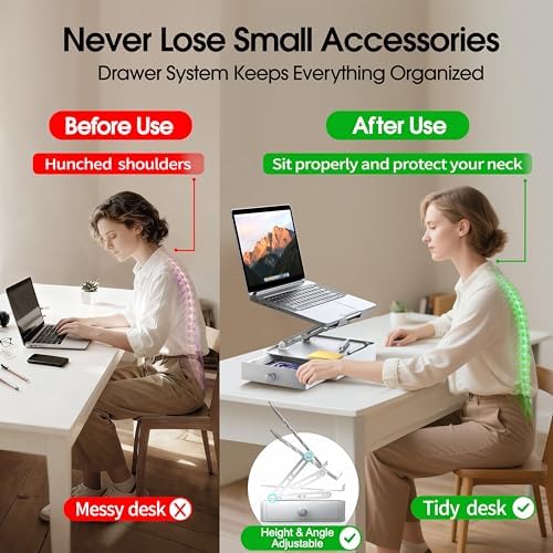 Laptop Stand with Storage Drawer, Heavy-Duty Metal Laptop Riser for Desk