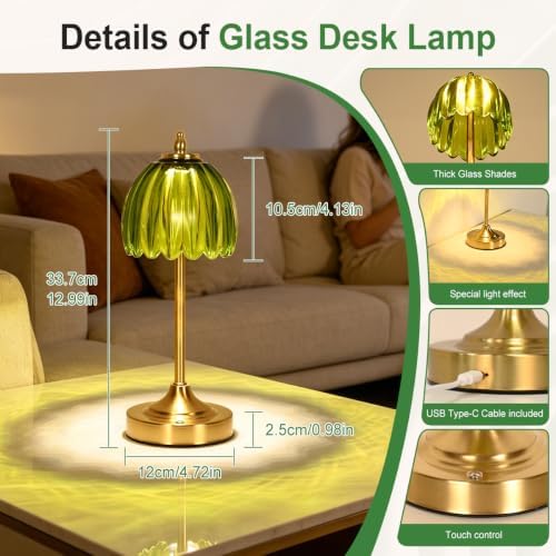 Glass Tulip Table Lamp, Cordless Rechargeable Desk Lamp - Green