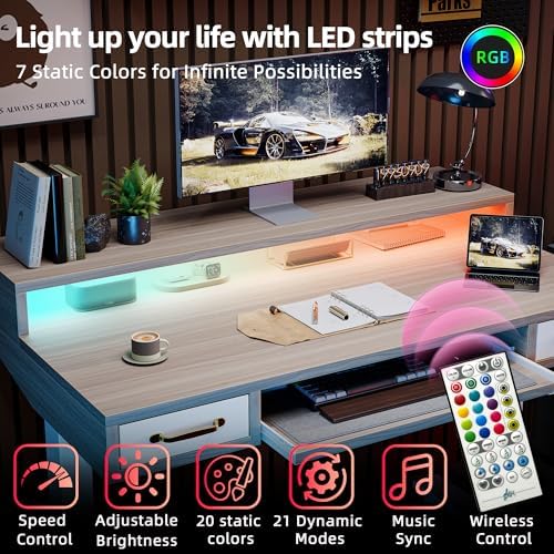 TIQLAB Standing Desk with Two Drawers, Stand Up Standing Desk Adjustable Height, Electric Sit Stand Table with Storage Shelf and Splice Board, with LED Light, 47 * 28 inch, Light Walnut