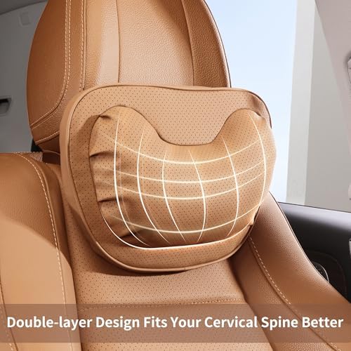 Car Neck Pillow [No More Pressure] Soft Comfortable Premium Leather Headrest with Adjustable Strap – Ergonomic Support for Driving, Office & Gaming, Palomino Brown, 2 Pack