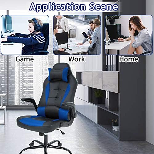 Blue Gaming Chair - Ergonomic High Back Office Desk Chair with Adjustable Lumbar Support, Flip-Up Arms & Headrest - PU Leather Computer Swivel Task Chair for Adults, Men & Women