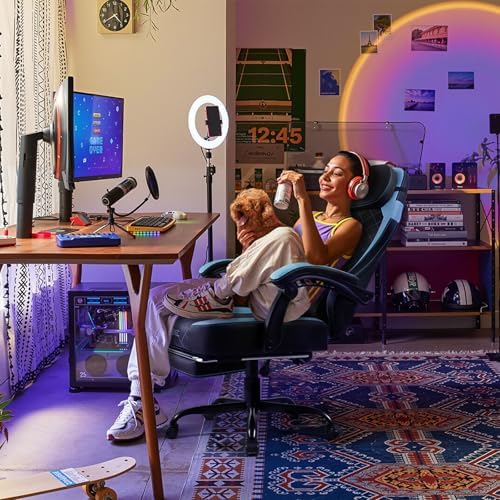 PUKAMI Gaming Chair with Footrest,Ergonomic Gamer Chair for Adults, Racing Style Reclining Computer Game Chair with Headrest and Lumbar Support (Cyan)
