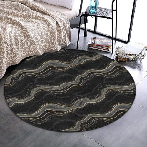 Large Home Decor Mat, Soft Round Yoga Carpet, Non Slip Machine Washable Kitchen Office Circle Rug Black Marble Gold Line, 36inch