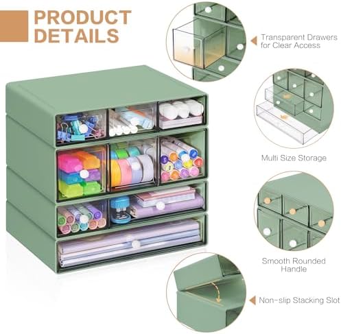 Desk Storage Organizer with 9 Drawers, 4 Tiers Stackable Desktop Craft Storage Drawers, Clear Storage Box Caddy for Stationary Makeup Jewelry Office Craft Supplies (Green)