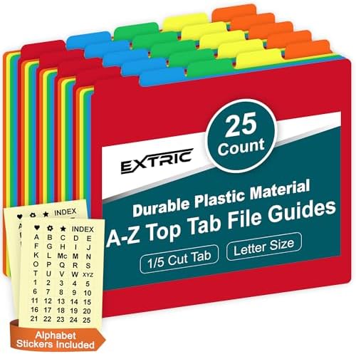 Alphabetical File Organizer 25 File Cabinet Dividers A-Z Plastic 5 Colors