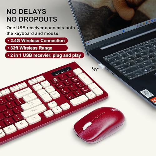 Wireless Keyboard and Mouse Combo Silent for Office and Home(Wine red-A)