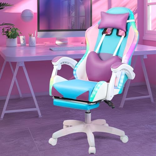 Gaming Chair with Lights, Ergonomic High-Back Office Chair with 360° Swivel & Adjustable Recline, Racing Style Faux Leather Computer Chair for Game Room, Home & Office