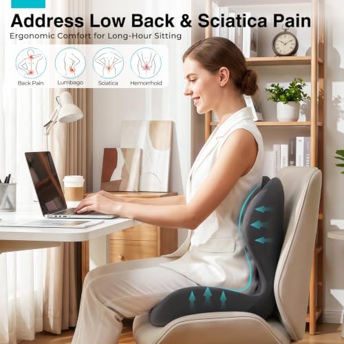 Seat Cushion for Office Chair and Car, L-Shaped Memory Foam Seat Cushions, Ergonomic Sciatica & Tailbone Pain Relief Cushion with Non-Slip Breathable Cover, Back Support for Office Chair-Dark Gray