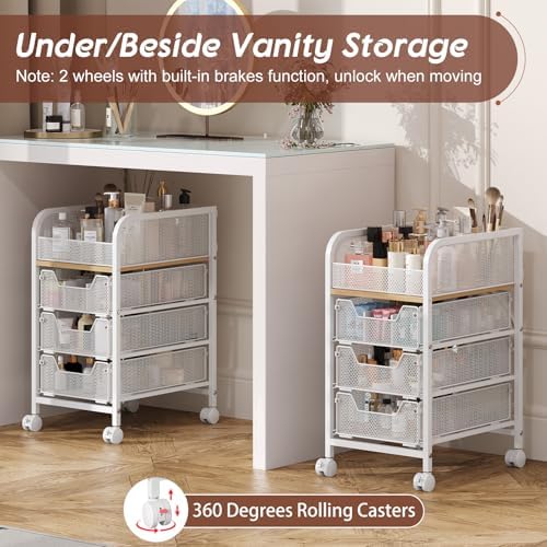 Hongtamoya Rolling Makeup Cart Organizer with 3 Drawers, Narrow Floor Skincare Organizers, Cosmetics Display Cases Vanity Organizer for Skin Care Nail Polish Perfume Makeup Brush, White
