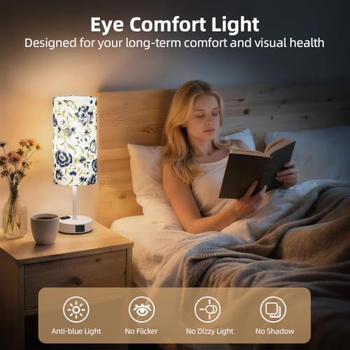 Table Lamp, Dimmable Touch, AC Outlet, USB A+C (Printed&White)