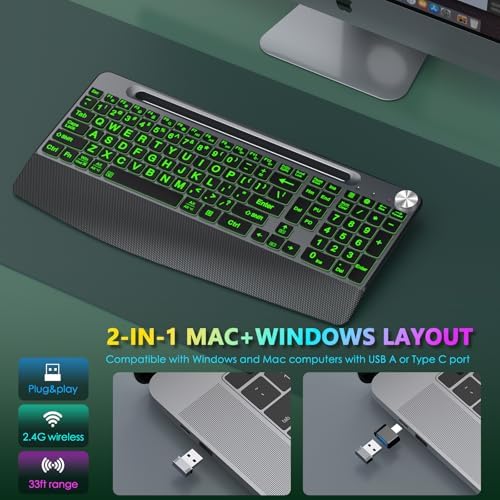 GAMCATZ Large Print Backlit Wireless Keyboard with Wrist Rest-Low-Profile,Phone/Tablet Holder,Rechargeable with Light Up Keyboard,Ergonomic Quiet Computer Keyboard for Desktop,Laptop, PC, Mac-Grey